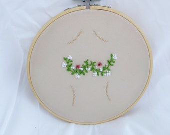 Embroidered Women Figure W/ Boob Plant Outline & Flower Nipples | Feminist Art | Wall Art | Finished Embroidered 6" Hoop | Handmade