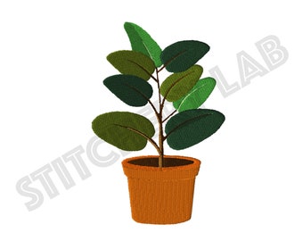 Ficus Elastica Rubber Plant (Terracotta Pot) Archivo de diseño de bordado de máquina - Aro de 4 x 4 pulgadas - Descarga instantánea