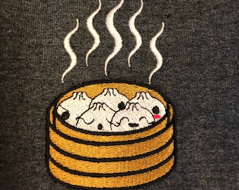 Albóndigas al vapor Kawaii y sudadera de tripulación unisex bordada con vaporizador de bambú (gris oscuro/gris claro) / Albóndigas de sopa / Baos / Baozi