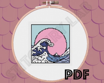 Patrón de punto de cruz de onda japonesa - Descarga instantánea - Arte impreso japonés - Gran ola - Archivo de diseño - PDF - Gráfico Xstitch