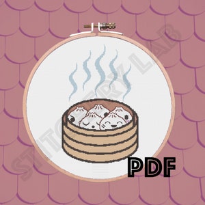 Kawaii Steamed Dumplings and Bamboo Steamer Cross Stitch Pattern - Instant Download - Soup Dumplings - Baos - Buns - Baozi - PDF