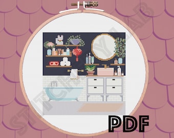 Patrón de punto de cruz para baño estilo boho – Diseño moderno de mediados de siglo (PDF)