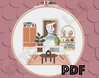 Patrón de punto de cruz para sala de estar en PDF: Diseño de decoración boho de mediados de siglo, descarga instantánea