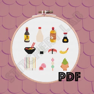 Korsstygnsmönster för japansk mat - direkt nedladdning - Ramen - Onigiri - Tempura - Pocky - Mochi - Taiyaki - Digital design PDF - Xstitch