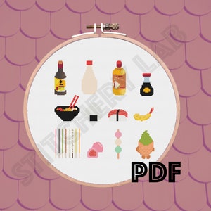 Japanese Foods Cross Stitch Pattern | Instant Download | Ramen | Onigiri | Tempura | Pocky | Mochi | Taiyaki | Digital Design PDF | Xstitch