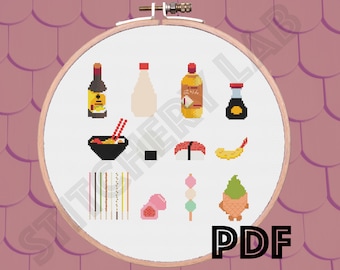Japans voedsel Cross Stitch patroon - Instant Download - Ramen - Onigiri - Tempura - Pocky - Mochi - Taiyaki - digitaal ontwerp PDF - Xstitch