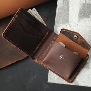 Carteira de couro personalizada masculina, carteira clássica dobrável, presente gravado para o pai, carteira de couro integral feita à mão