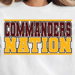 May include: White sweatshirt with the text "COMMANDERS NATION" in maroon and gold block letters. The sweatshirt is a crew neck style and is being held up by a person.