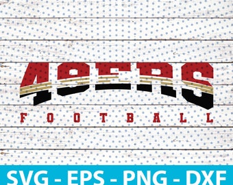Pode incluir: Logotipo de futebol dos 49ers em vermelho, preto e dourado com a palavra "FOOTBALL" abaixo.