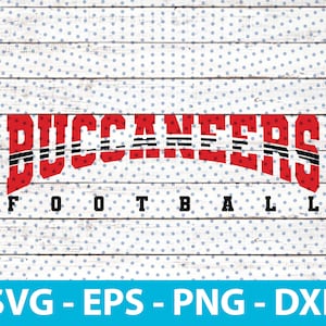 Może przedstawiać: Czerwono-czarna grafika z tekstem "BUCCANEERS FOOTBALL" na białym tle.