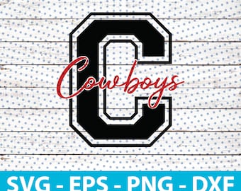 Puede incluir: Gráfico en blanco y negro de una letra C grande con la palabra "Cowboys" en rojo. La letra C tiene un contorno negro grueso y un interior blanco.
