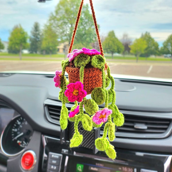 Crochet Car Hanging Potted Flowers Plants with Hanging Leaves