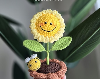 Crochet Smiling Sunflower Potted Plant with Mr. Bee