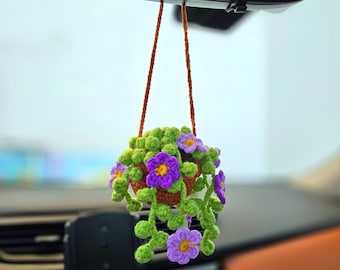 Crochet Car Hanging Potted Flowers Plants with Hanging Leaves