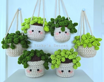 Crochet Car Hanging Plant with Face: Handmade Organic Cotton Decor