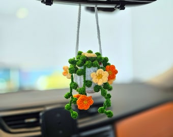 Crochet Car Hanging Potted Flowers Plants with Hanging Leaves