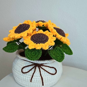 May include: A crocheted sunflower bouquet in a white crocheted pot with a brown ribbon. The bouquet is made of yellow and brown yarn and the pot has a white background. The text "Vicky's Secret" is written in white on a light blue background.