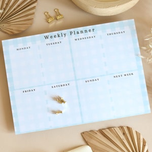 A4 Weekly Planner Notepad Blue Gingham Desk pad organiser, Stocking filler