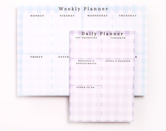 Notepad set weekly planner and daily planner blue and purple gingham Desk pad organiser