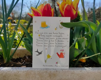 Könnte beinhalten: Eine Grußkarte mit Aquarellillustrationen von gelben Gummistiefeln, einem Vogel, einer Narzisse und einer Gießkanne, inmitten von roten und gelben Tulpen. Die Karte enthält handgeschriebenen französischen Text.