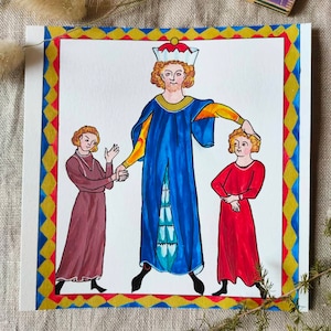May include: A medieval-style illustration on a white card. The artwork depicts a central figure in a blue robe and crown, flanked by two figures in red and maroon robes. The card has a decorative border with red, yellow, and blue geometric patterns.