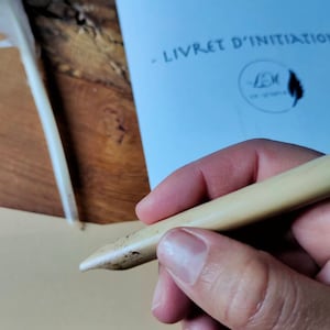 May include: A close-up of a person's hand holding a light brown calligraphy pen with a pointed tip. The pen is resting on a beige piece of paper. The background is a wooden surface.