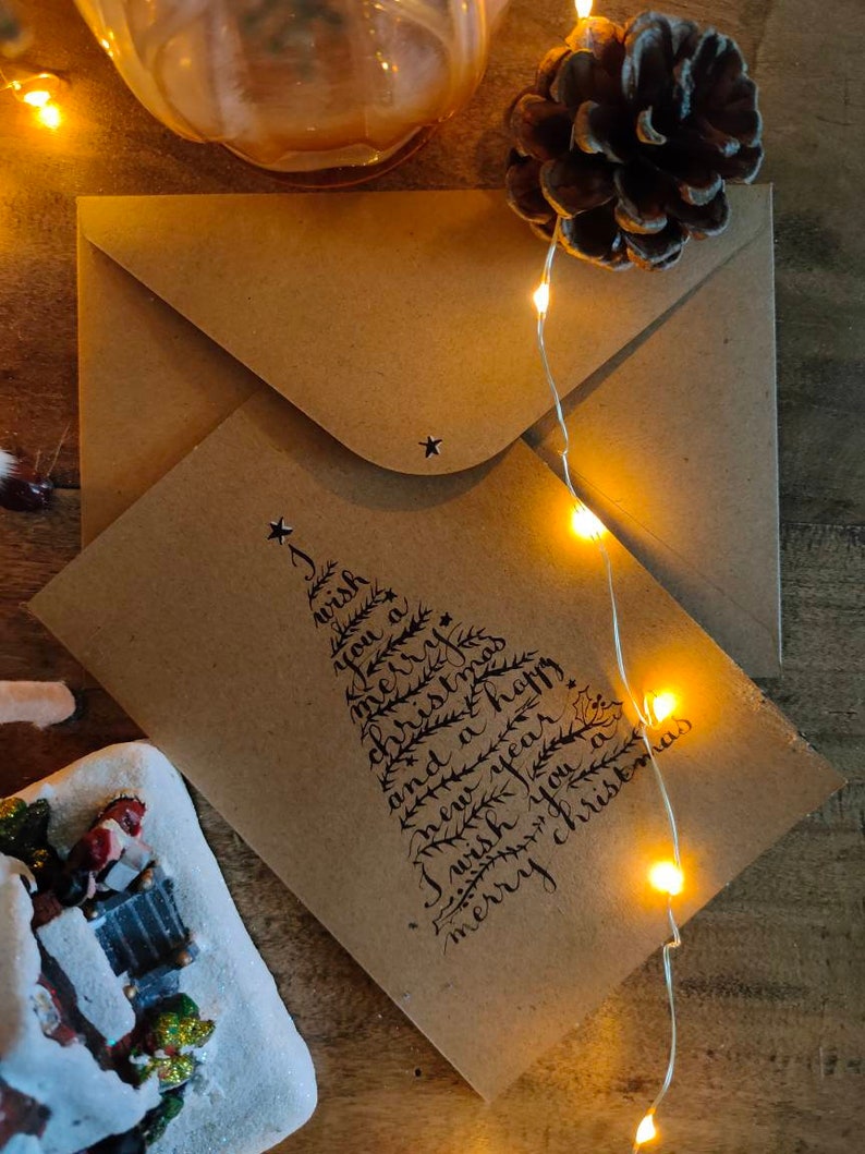 Cartões caligrafados de árvore de Natal "Feliz Natal e Feliz Ano Novo" imagem 1