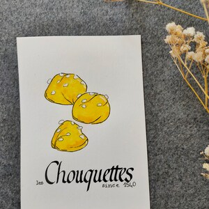 Carte postale : Baguette | Croissant | Chocolatine | Croissant | Crêpe | Macaron | Café | Chouquette | Croque-Monsieur Chouquettes