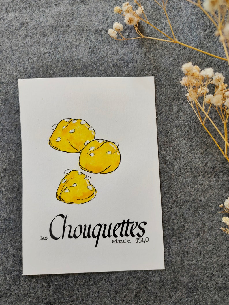 Carte postale : Baguette | Croissant | Chocolatine | Croissant | Crêpe | Macaron | Café | Chouquette | Croque-Monsieur Chouquettes
