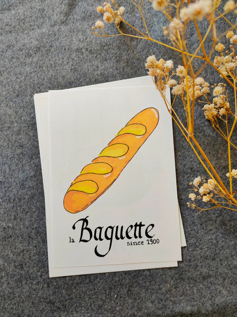 Carte postale : Baguette | Croissant | Chocolatine | Croissant | Crêpe | Macaron | Café | Chouquette | Croque-Monsieur Baguette