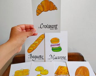 Postcard: Baguette | Croissant | Chocolatine | Croissant | Crêpe | Macaron | Coffee | Chouquette | Croque-Monsieur