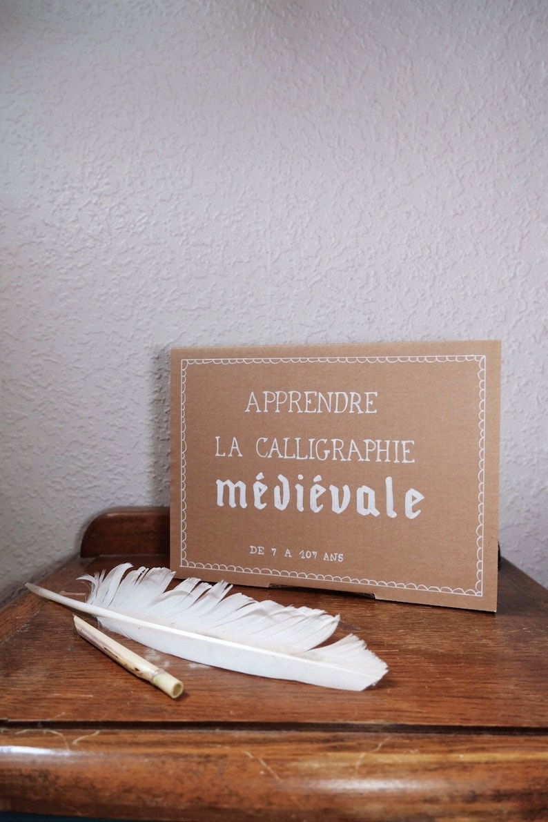 May include: A brown cardboard box with white text that reads "Apprendre la calligraphie m&eacute;di&eacute;vale De 7 &agrave; 107 ans". A white feather quill pen is lying on a wooden surface.