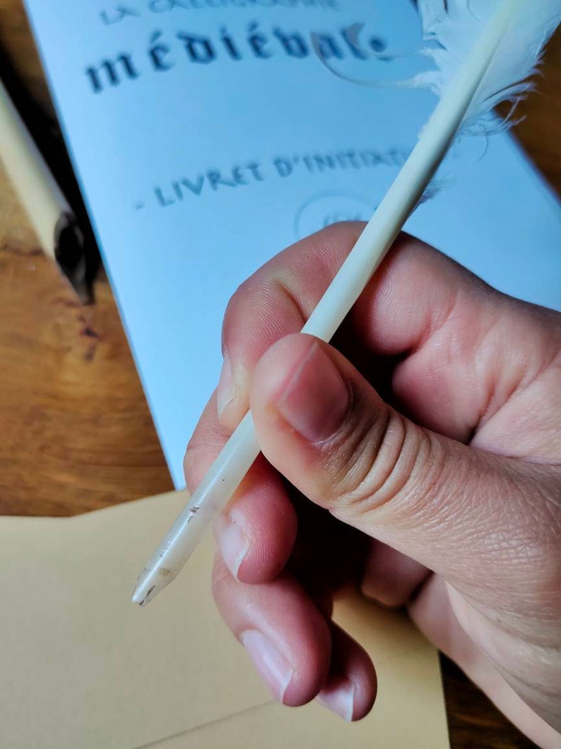 May include: A white quill pen with a feather on the end, held in a hand. The pen is resting on a white piece of paper with the text "La collection m&eacute;di&eacute;vale" and "Livret d'initiation" written on it.