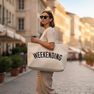 May include: A cream-coloured tote bag with the word "WEEKENDING" printed in black. The bag is carried by a person wearing sunglasses, a light-coloured top, and trousers, walking on a cobbled street.