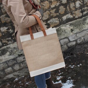 Large Jute Market Tote Bag: Rustic Burlap Shopper with PU Handles