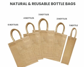 Portabotellas de yute / Papel de regalo ecológico para vino / Bolsa de arpillera / Asas acolchadas de algodón / Tamaños 1-6