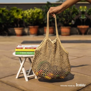 Ecoduka® Eco Jute Mesh Shopping Bag | Ideal as a Beach Bag or Shopping Bag | Handmade & Unique | Hessian | Rustic Jute knit Tote Bag