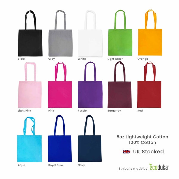 Ecoduka® 5oz Lightweight Coloured Cotton Tote Bag | Shopping Bag in 13 Vibrant Colours | 140gsm Orange, Navy, Purple, Red, Blue, Pink, Green