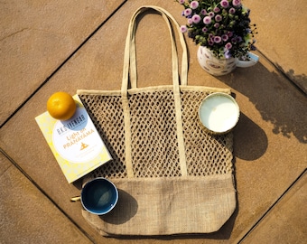 Bolsa de malla de yute ecológico / Bolsa de compras de arpillera hecha a mano