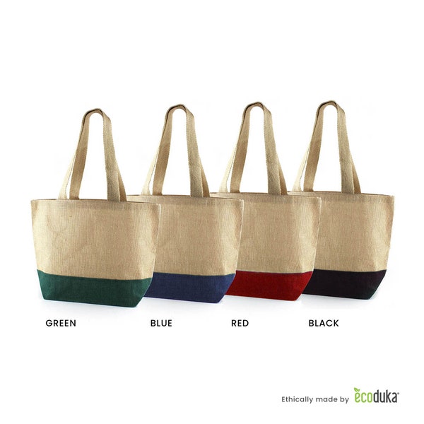 Ecoduka® Natural Jute Beach Bag with Coloured Base | Plain 34x47x15  | Rustic Hessian Shopper | Reusable Bag choose Red, Black, Green, Blue