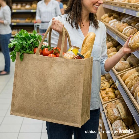 Large Jute Shopping Bag | 20L Market Tote | 35x39x15cm | Padded Cotton Handles | Waterproof PP Lining