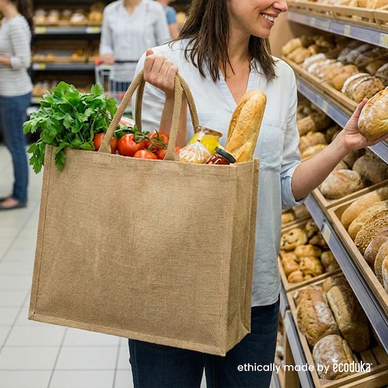 Large Jute Shopping Bag | 20L Market Tote | 35x39x15cm | Padded Cotton Handles | Waterproof PP Lining image 1