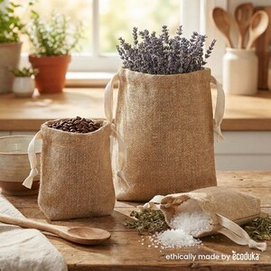 Rustic Jute Pouches | Drawstring Cotton Closure | Sustainable Favour Packaging | Small Medium Large | Burlap Hessian