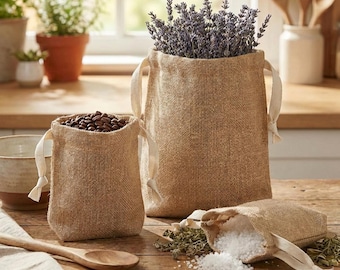 Bolsas de yute rústicas / Cierre de algodón con cordón / Embalaje sostenible para regalos / Tamaño pequeño, mediano y grande / Arpillera