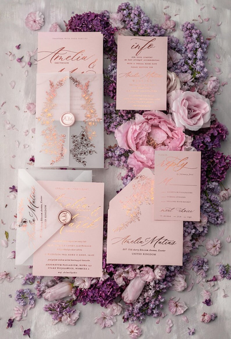 Blush wedding invitation with vellum wedding invitation sleeve Etsy