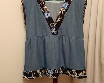 Denim tunic, XL denim top, cotton denim top, embroidered top, cotton tunic