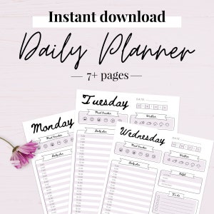 Könnte beinhalten: Ein druckbarer Tagesplaner mit Seiten für Montag, Dienstag und Mittwoch. Jede Seite enthält einen Stimmungs-Tracker, einen Tagesplan und Platz für Notizen. Die Seiten sind mit einem hellvioletten Hintergrund und schwarzem Text gestaltet.