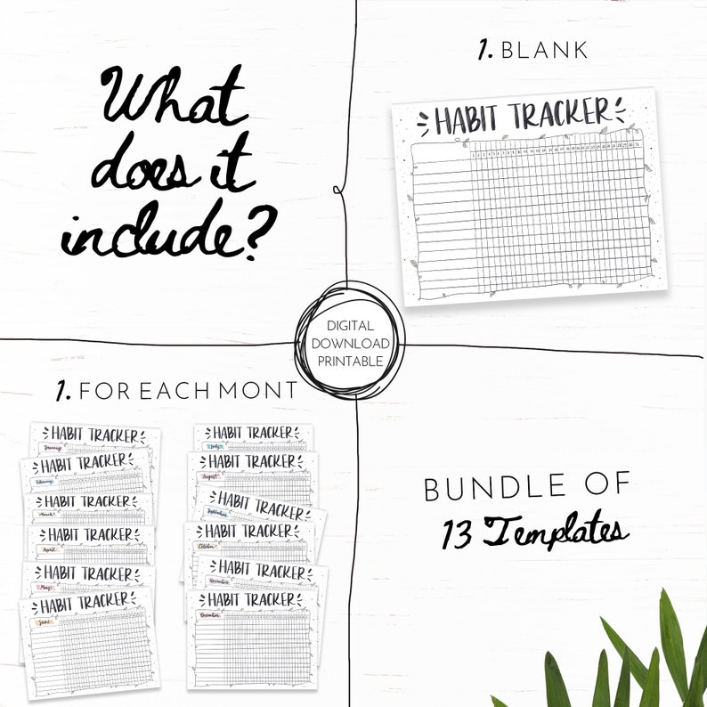 Pu&ograve; includere: Un pacchetto di modelli di monitoraggio delle abitudini stampabili da scaricare. L'immagine mostra una raccolta di 13 modelli, tra cui un modello vuoto e tracker mensili. Il testo "What does it include?" &egrave; scritto in un carattere scritto a mano.