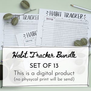 Pu&ograve; includere: Un pacchetto di 13 tracker di abitudini con il testo "Habit Tracker Bundle". I tracker sono stampati su carta bianca con un layout a griglia e i mesi di gennaio, febbraio e marzo sono visibili. L'immagine include foglie decorative.
