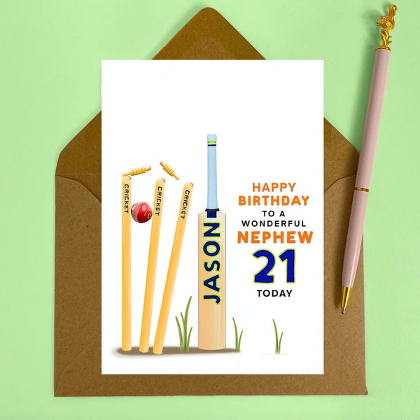 Personalised Cricket Birthday Card | Any Age and Name | Brother, Dad, Cousin, Nephew, Grandad | Bat and Wicket | 18th 21st 30th 40th